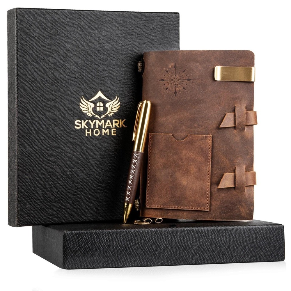 100% Genuine Leather Notebook Journal Gift Set Fountain Pen Brown 5x7in Gift Box - Picture 2 of 12